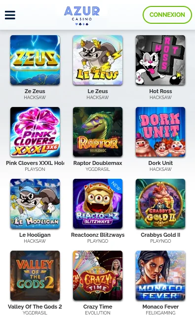 Catalogue de jeux Azur Casino